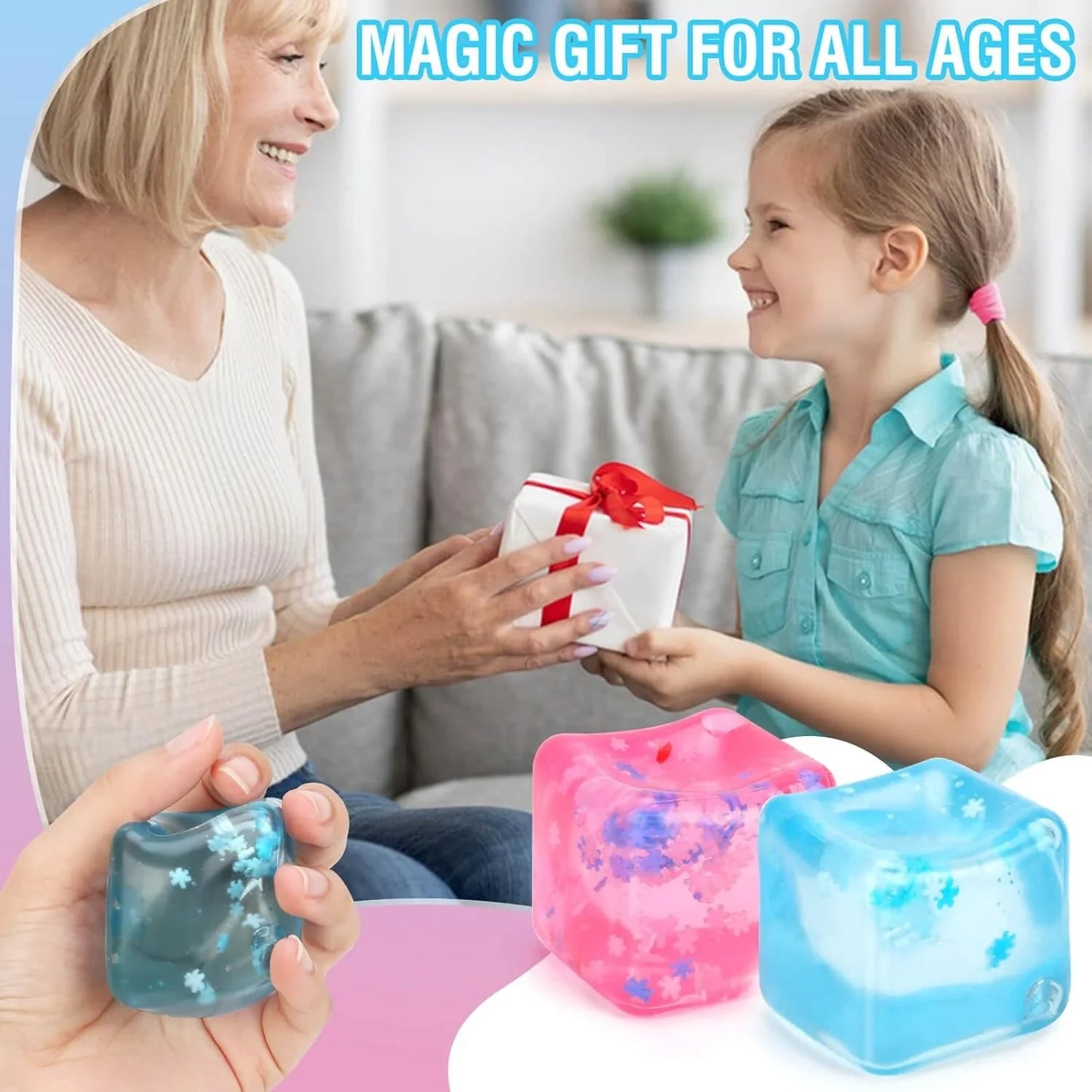 Gretex Fidget Toy for All Ages: 2 Pack Soft Sensory Fidget Ice Cube Stress Ball Squishy Cube Stress Relief Toys for Kids, Teens and Adults Party Favors, Birthday Gift for Kids Age 3+