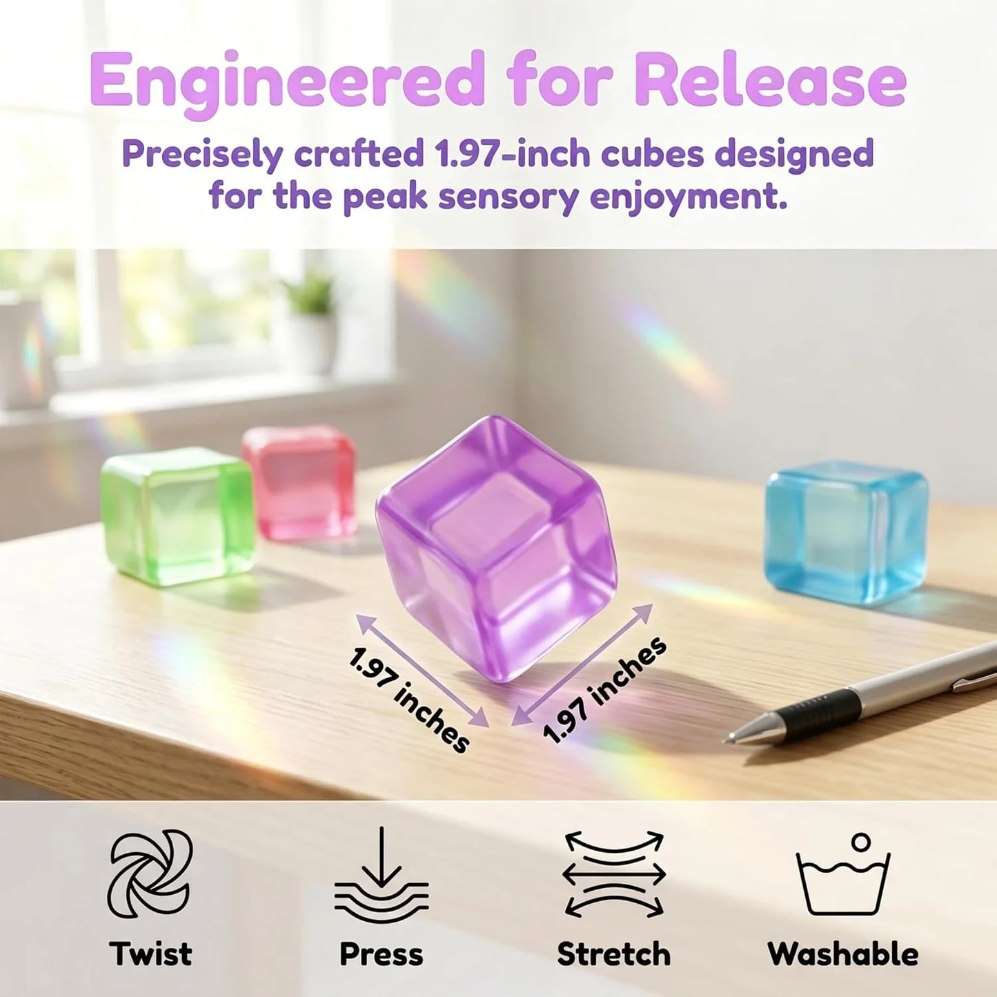 4 Pack Ice Cube Squishy, Slow Rising Fidget for Adults, Sensory Square Shape Stress Balls for Anxiety Relief Classroom Prizes Birthday Gifts Office School