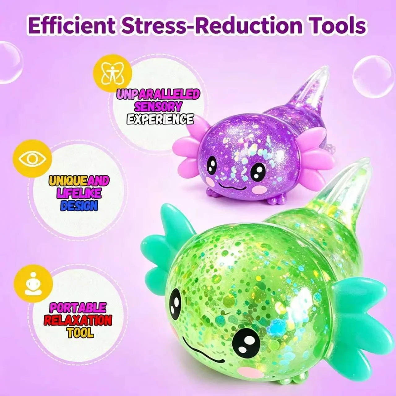 2pack Glitter Axolotls Squishies Toy, Axolotls Stress Relief Toy,Soft Squeeze Sensory Fidget Gadget for Teen & Adult, Office Desk Decor, Party Favors(Purple+Green)