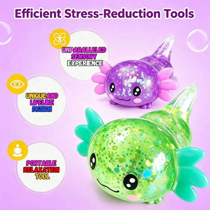 2pack Glitter Axolotls Squishies Toy, Axolotls Stress Relief Toy,Soft Squeeze Sensory Fidget Gadget for Teen & Adult, Office Desk Decor, Party Favors(Purple+Green)