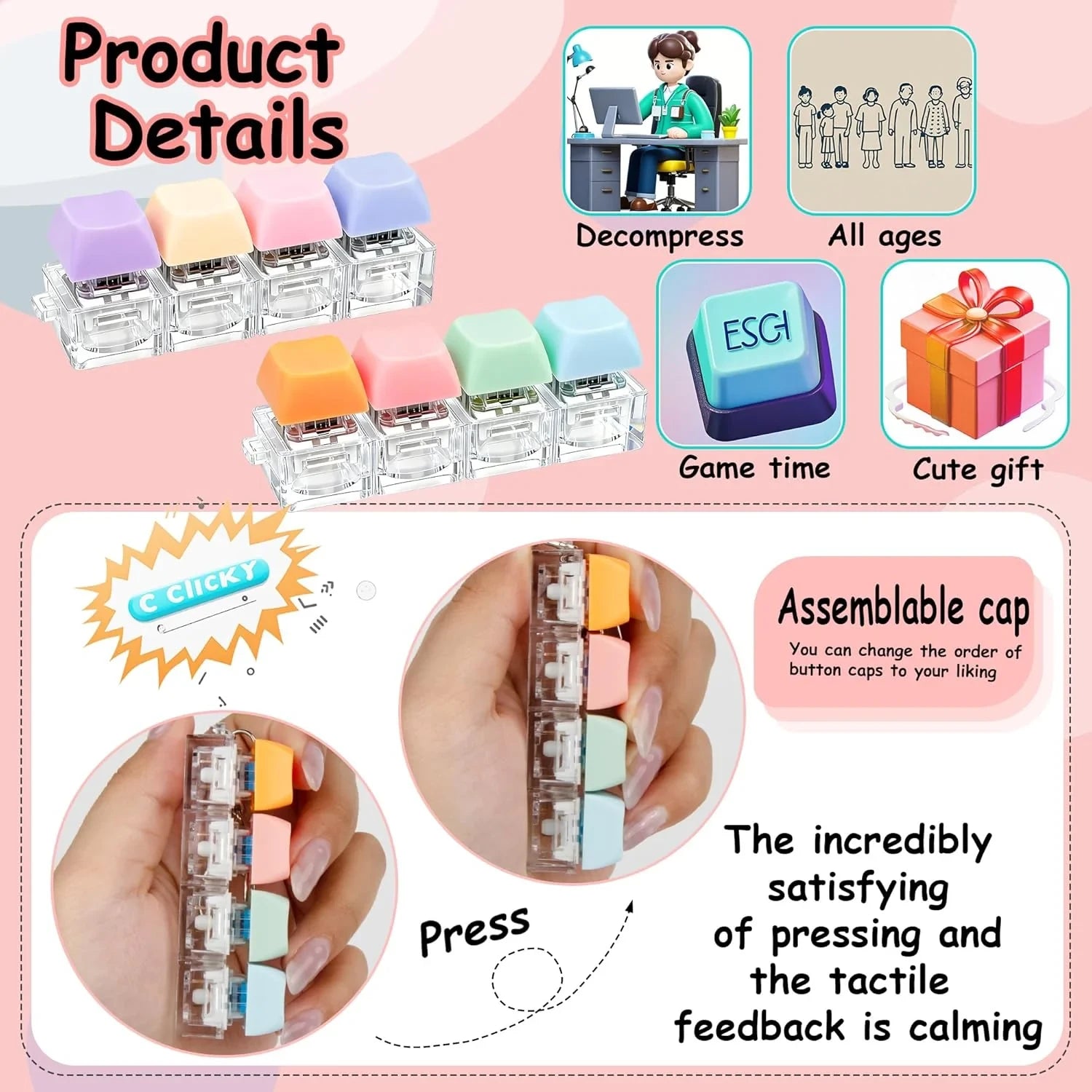 2 PCS Keyboard Fidget Toy, Keyboard Fidget Keychain 4-in-1 Keyboard Decompression Button Finger Clicker Toys, Button Stress Relief Fidget Gifts to Relief Stress (Purple Blue Pink Orange)