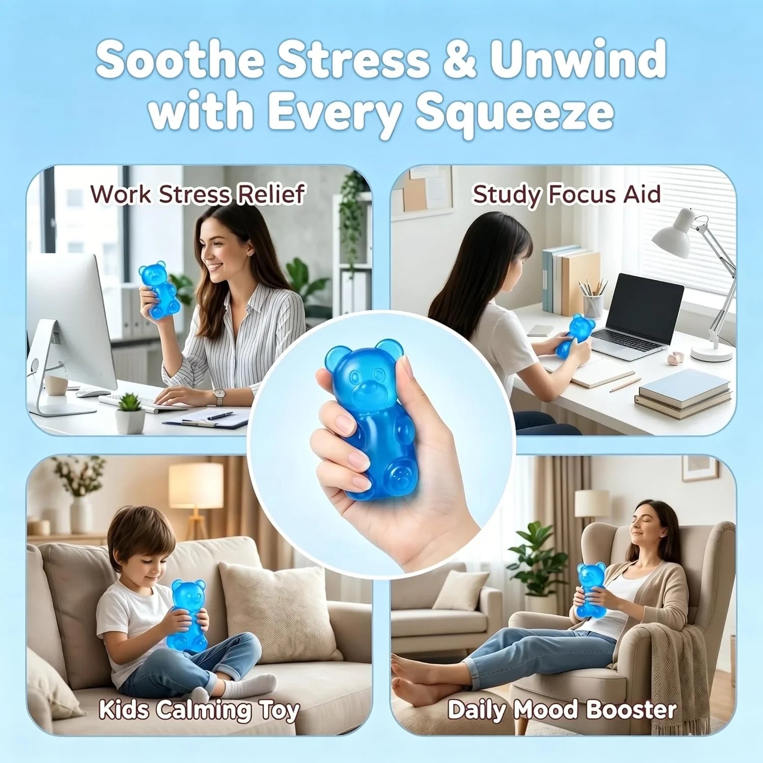 Gummy Bear Squishy Toy, Transparent Squeeze Toy, Stress Relief for Daily Relaxation - Flexible Elastic Decompression - Comfort Venting Fidget Toy for Gifting (Blue)