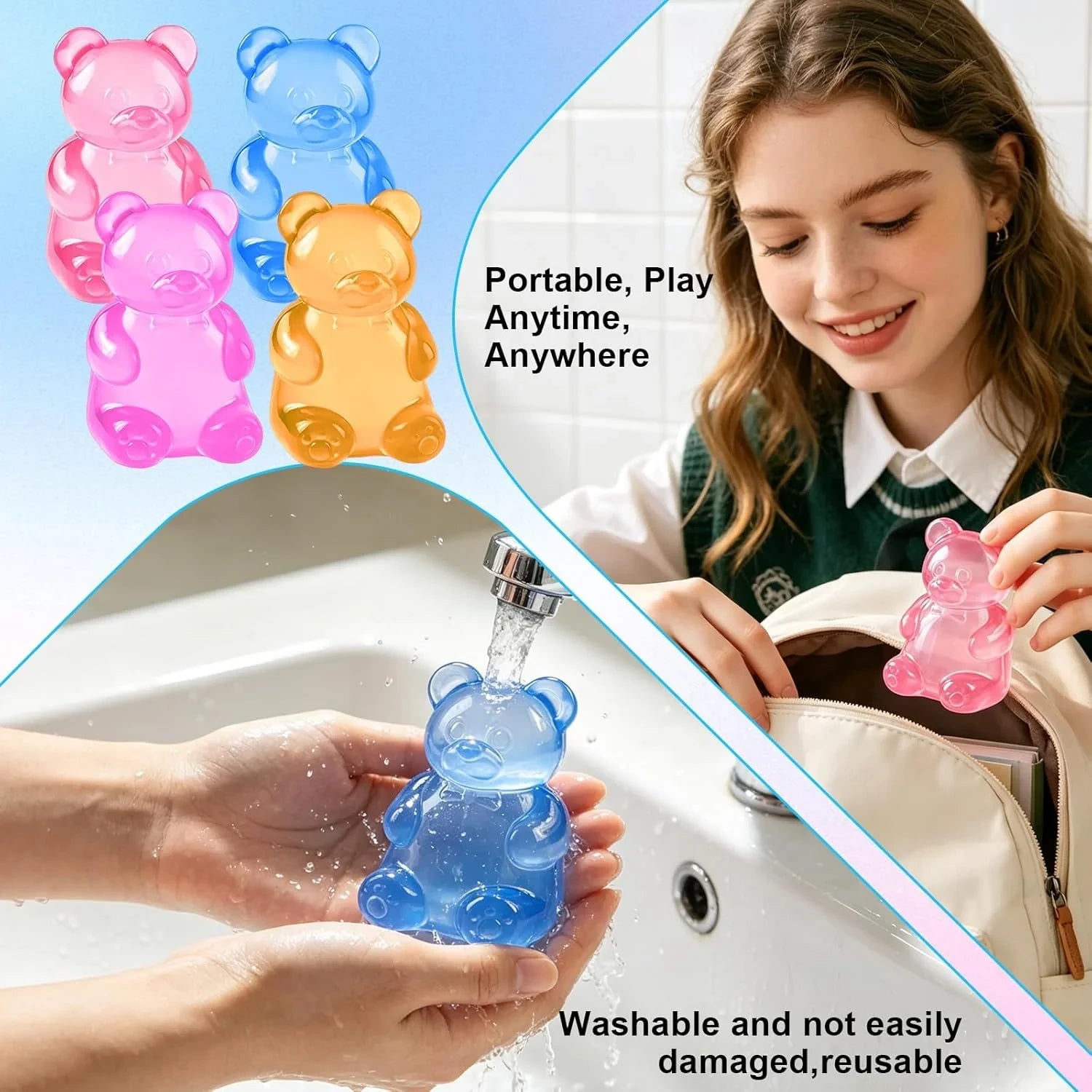 Stress Bear Squishy Balls, Bear Squishy Stress Relief Squeeze Balls, Gummy Bear Squishy for Valentines Day Gifts Birthday Gifts Party Favors (Blue + Pink)