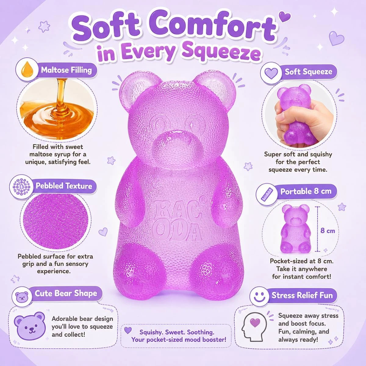 Gummy Bear Squishy, Sensory Fidget Toy Toys for Anxiety Stress Relief,Squishies Sensory Toy for Adults Kids Teens,Purple Stress Ball for Classroom Prize, Birthday Gifts Party Favors