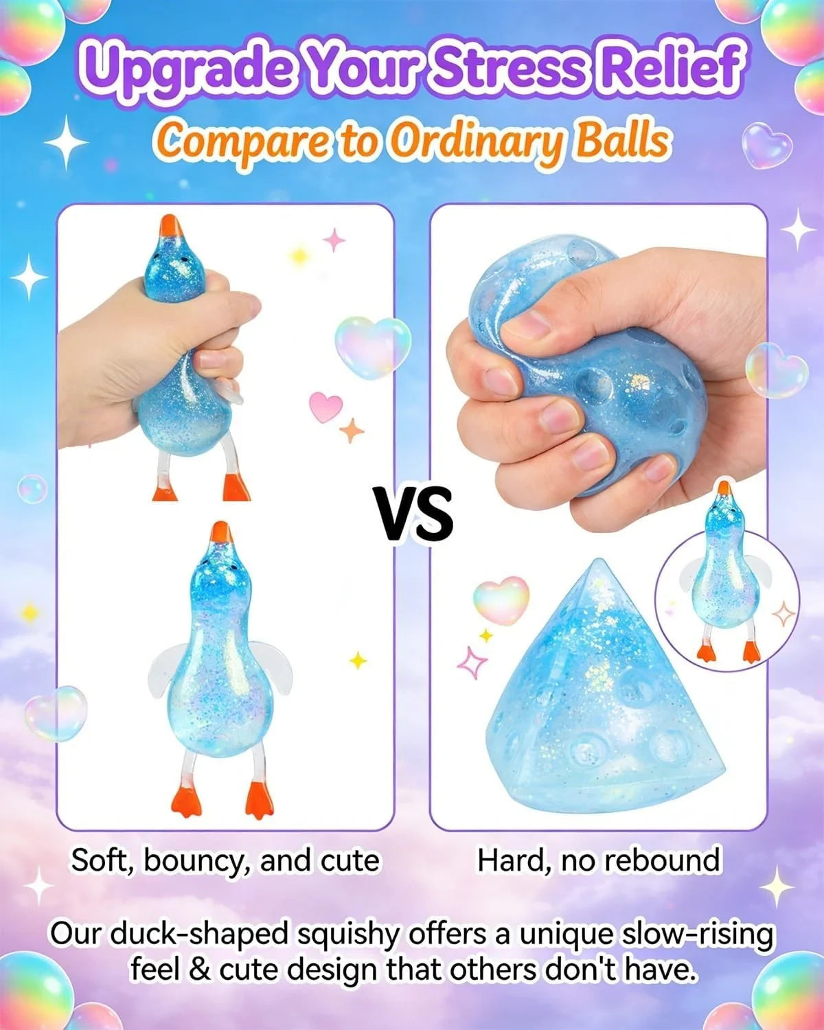 Cute Duck Sugar Squishy Stress Ball, Ultra Soft Slow Rise Sensory Fidget Toy, Stretchy Anxiety Relief Squeeze Ball for Adults, Moldable Decompression Dough Stress Balls, Easter Gift(Yellow)