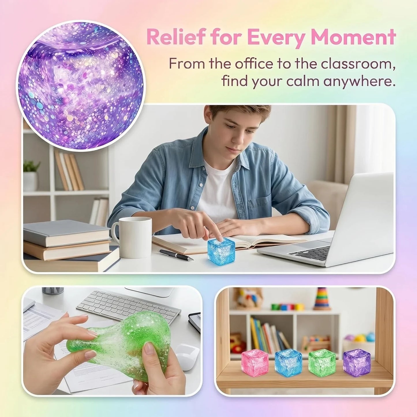 Glitter Ice Cube Squishy Fidget Toys, Squishy Cube Stress Balls for Adults & Kids, Slow Rising Stress Relief Toys, Squeeze Ball Filled with Thick Substance and Glitter (Purple)