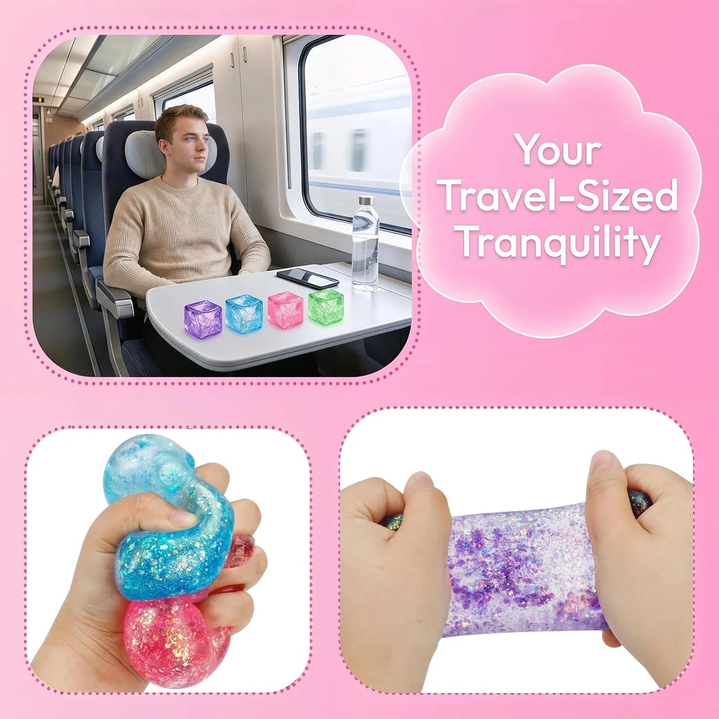 Glitter Ice Cube Squishy Fidget Toys, Squishy Cube Stress Balls for Adults & Kids, Slow Rising Stress Relief Toys, Squeeze Ball Filled with Thick Substance and Glitter (Purple)