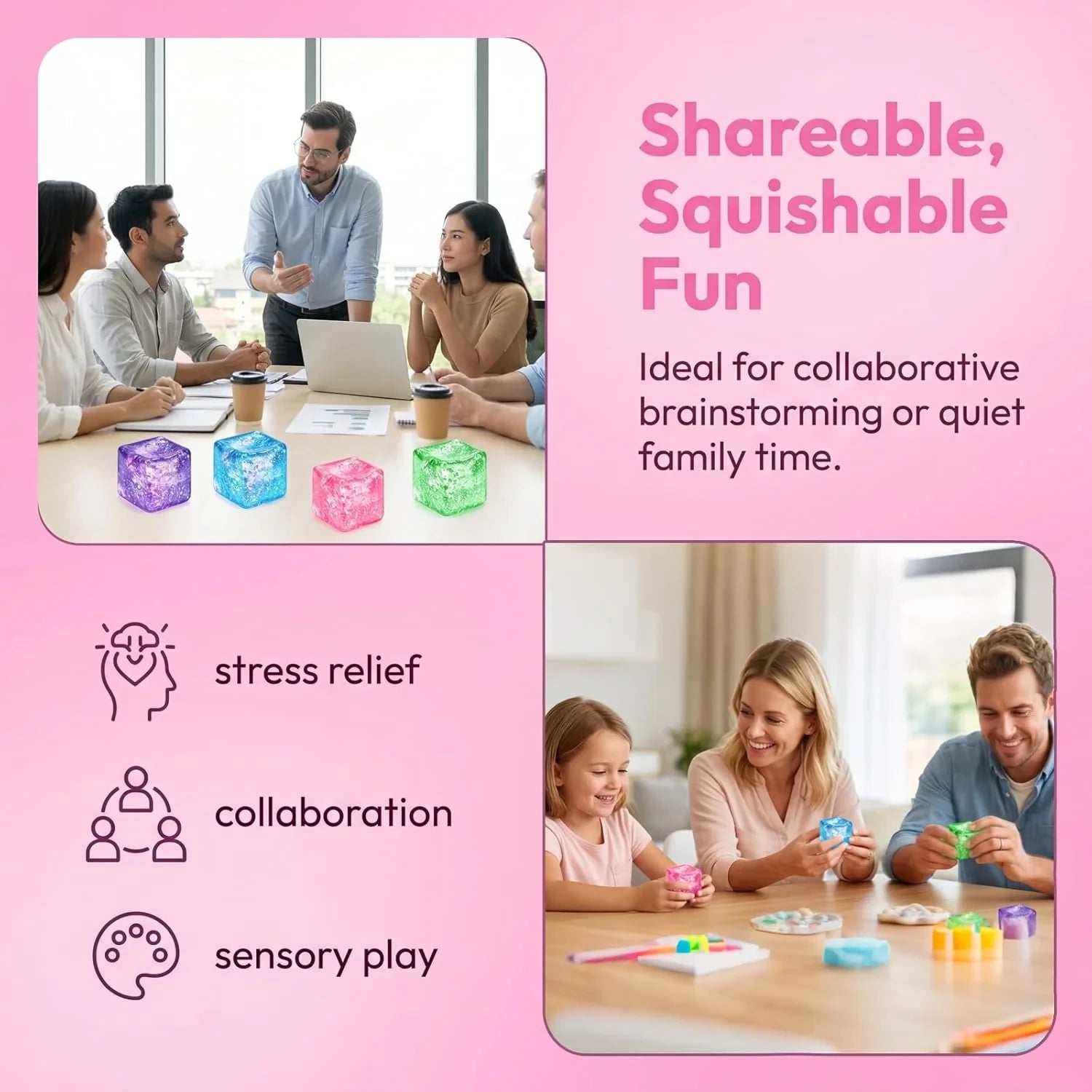 Glitter Ice Cube Squishy Fidget Toys, Squishy Cube Stress Balls for Adults & Kids, Slow Rising Stress Relief Toys, Squeeze Ball Filled with Thick Substance and Glitter (Purple)