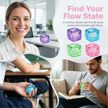 Glitter Ice Cube Squishy Fidget Toys, Squishy Cube Stress Balls for Adults & Kids, Slow Rising Stress Relief Toys, Squeeze Ball Filled with Thick Substance and Glitter (Blue)