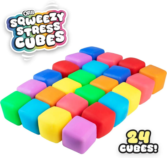 ORB 24 Pack Easy Sqweezy Squishy Stress Cubes - Colorful Squishy Cubes - Squeeze and Squish Stress Balls, Fidgets for Anxiety, Stress Relief - Classroom Rewards, Party Favors for Kids, Teens, Adults