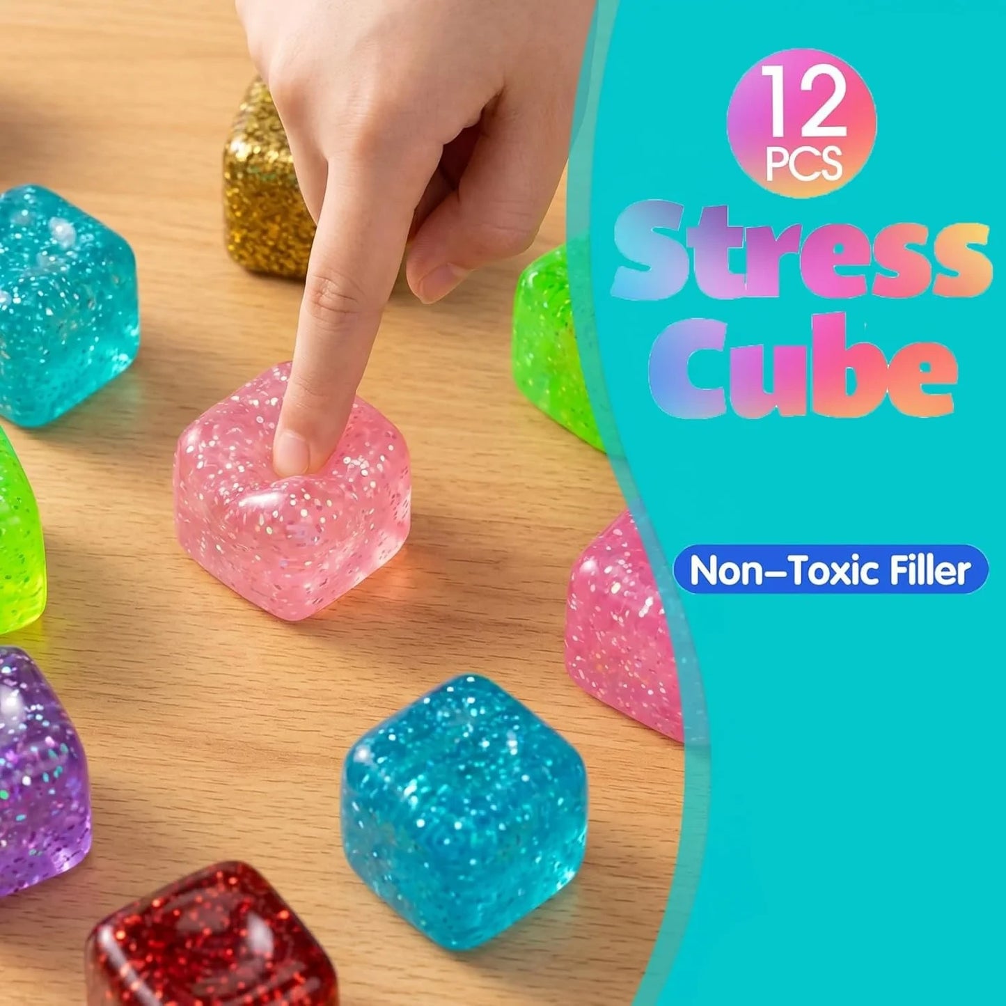 12 Pack Glitter Stress Cube Fidget Toys - Sensory Squeeze Toys for Stress & Anxiety Relief, Squishy Ice Cube Fidgets for Calm, Focus, Sensory Toys for Kids & Adults