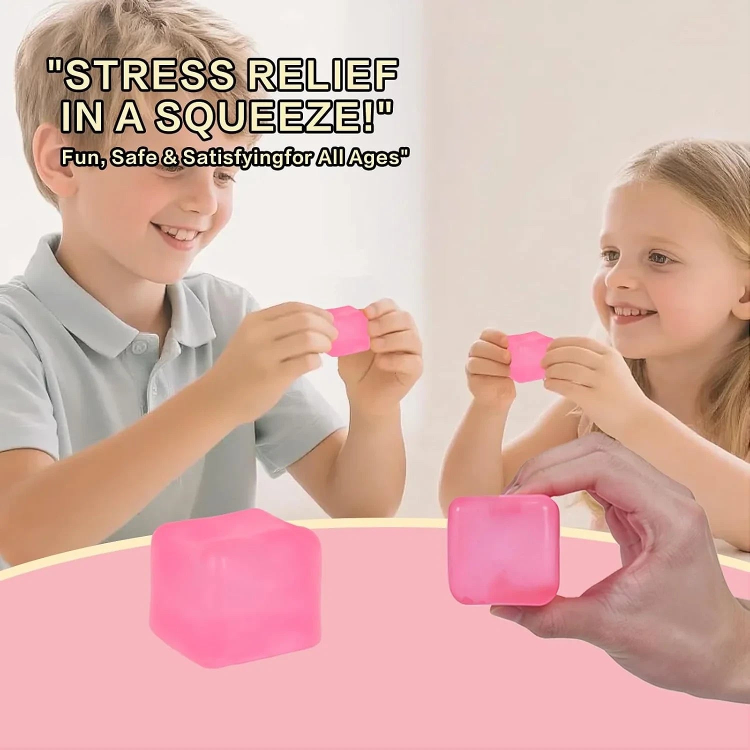 Ice Cube Squishy Toy 3.5cm (1.38") – Gel-Filled Slow Rising Squeeze Cube for Kids Ages 3+ & Adults, Mini Sensory Desk Toy for Classroom Rewards, Party Favors & Everyday Play (Pink)