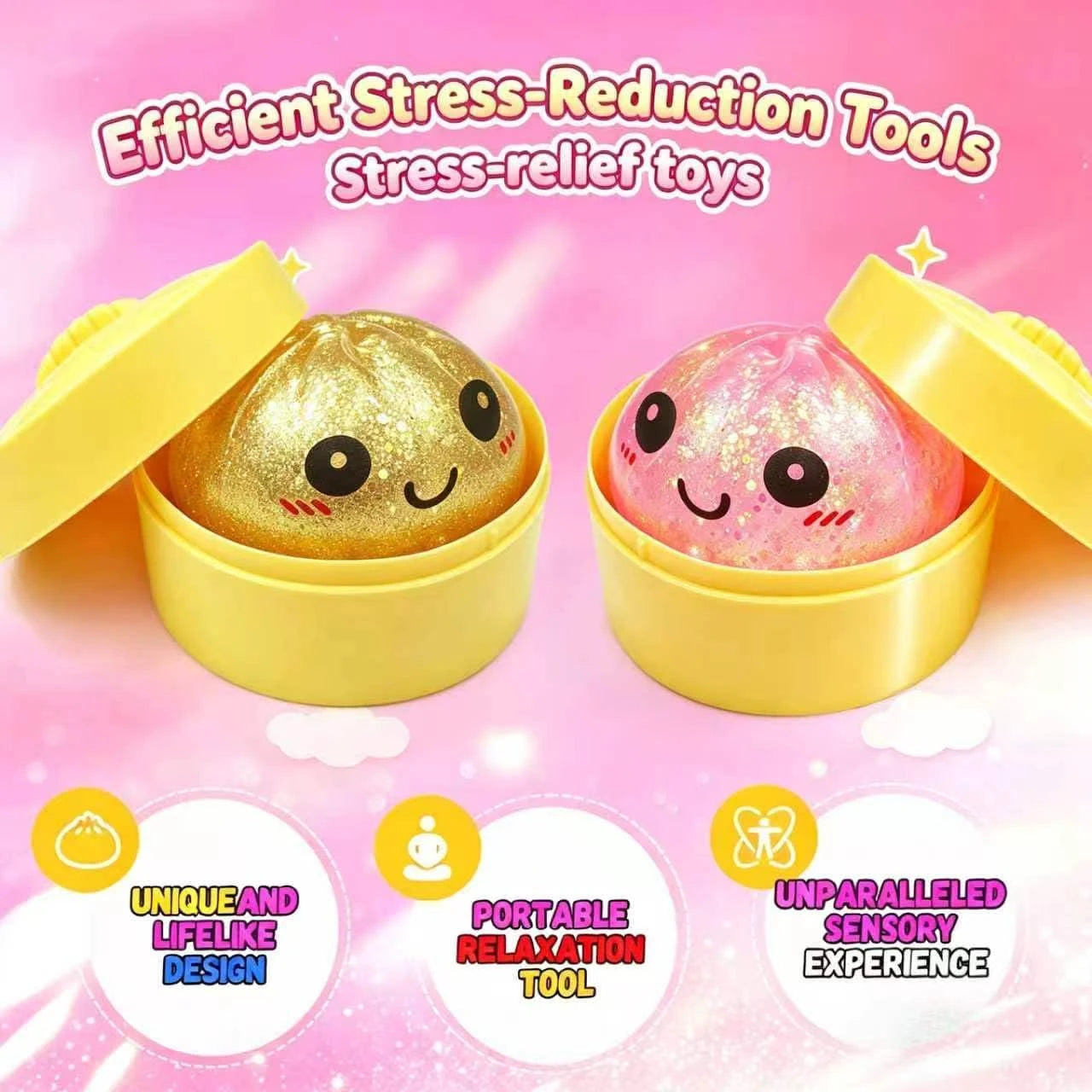Glitter Dumpling Squishy Mystery Box, Ultra-Soft TPR Slow-Rise Sensory Fidget Toy, Stress Relief for Classroom or Office, Cute Birthday Holiday Gift for Kids Teens & Adults (Mini Pink & Gold)