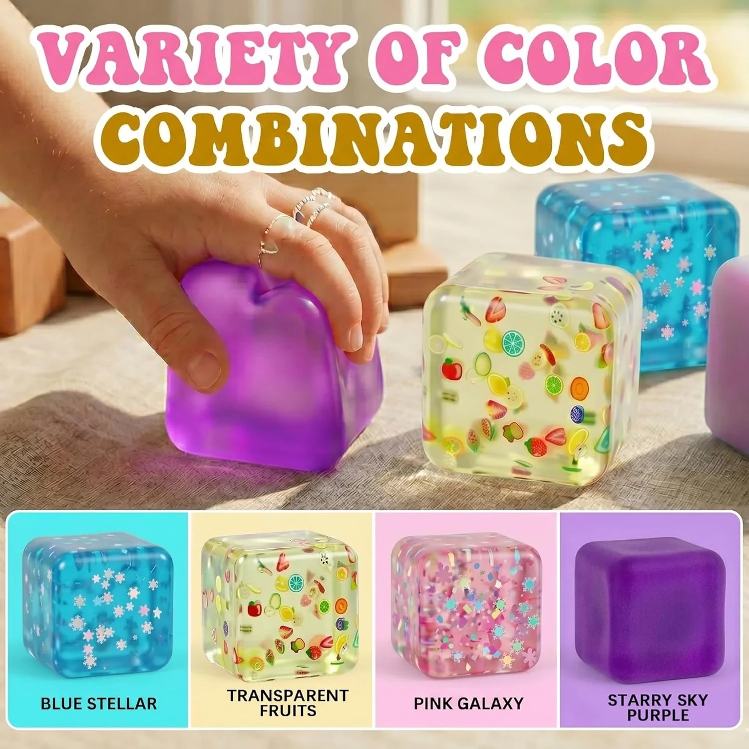 A Set of 4 Compression Squeezing , Soft Stress-Relieving Toys, Four-Color Textured Toys that Help Relieve Anxiety, and a Portable Cubic Squeezing Toy that Helps Concentrate and Relax the Body.