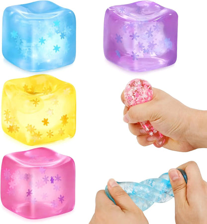 Fidget Toy Stress Cube- 4 Pack Sensory Squeeze Toys, Slow Rising Squishy Cube Filled with Thick Substance and Snowflakes Crafts, Anxiety Stress Relief Calming Tool for Adults and Kids - US 9990