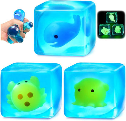 Squishy Stress Cube Fidget Toys Adults - Glow in The Dark Sensory Toys for Kids with Autism Stress Balls for Kids Teens Squeeze Toys for Anxiety Easter Basket Stuffers - US 4148