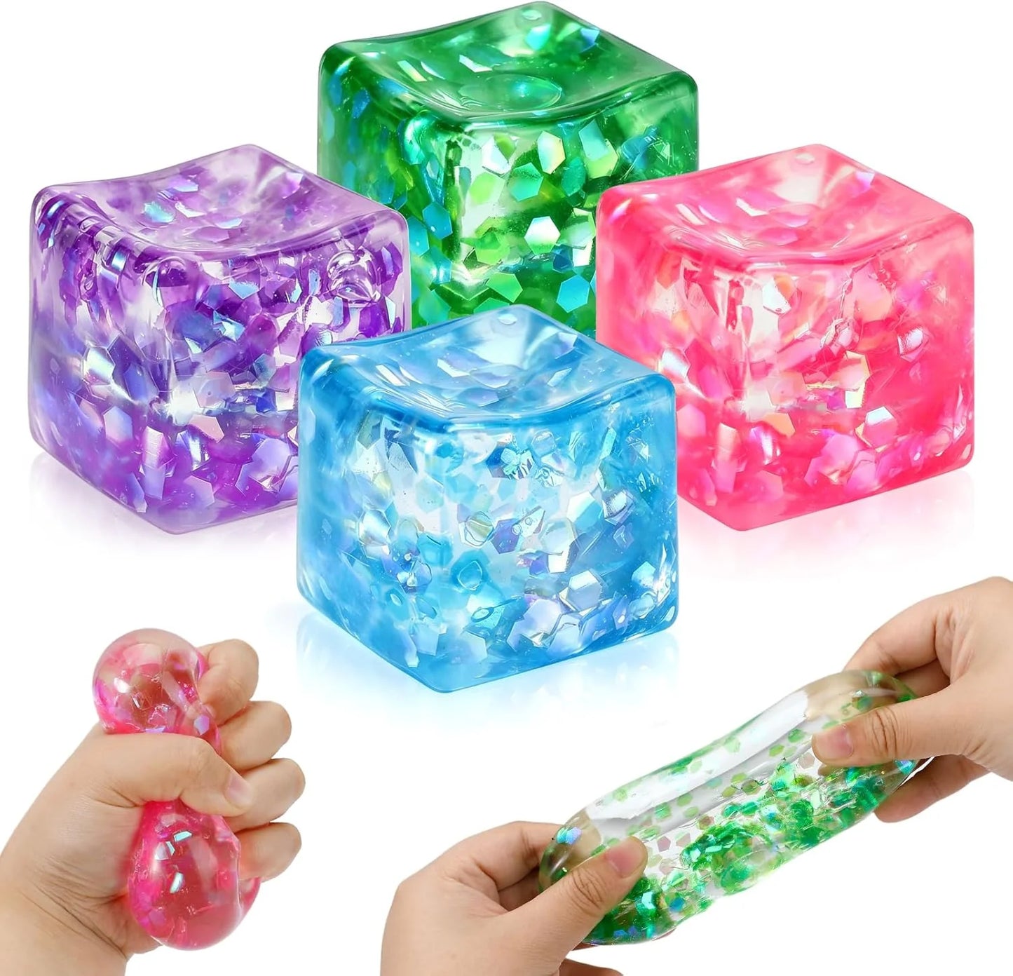 4 Pack Glitter Ice Cube Squishy, Slow Rising Stress Relief Toys, Square Stree Balls Fidget Toys for Adults Boys Girls, Squeeze Ball Sensory Toys for Kids with Autism, Party Favors Gifts - US 4856