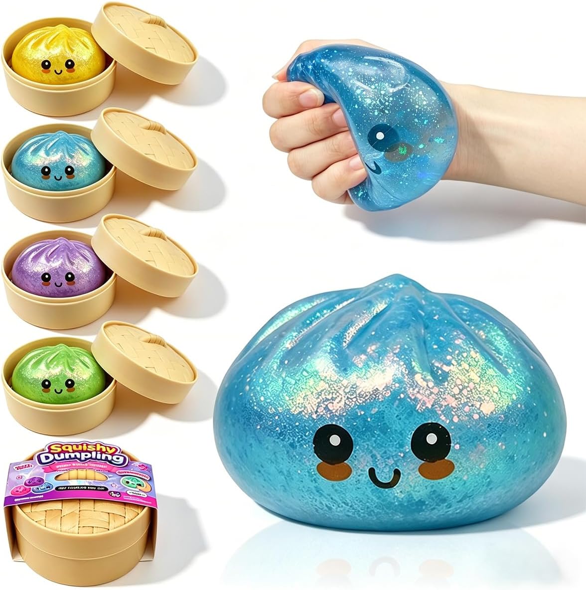 Anditoy Dumpling Stress Balls Glitter Squishy Toys Giant Squishy Mystery Box Squeeze Toys for Adults Stress Relief Desk Toys Kids Party Favors Birthday Gifts (Blue) - US 2120