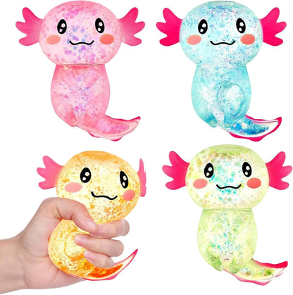 Sezua Squishy Fidget Stress Ball - 4 Pack Taba Squishies Squeeze Sensory Axolotl Toys, Axolotl Squishy Sugar Stress Ball Toys for Adults Kid, Glitter Salamander Gift for Party Birthday Christmas - US 2659