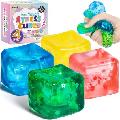 4 Pack Fidget Toy Stress Cube, Slow Rise Stress Balls Ice Cube,Mellow and Chill,Square Squishy Balls for Anxiety Relief,Cube Squishy,Prize Box Toys for Kids Classroom Birthday Gifts Party Favors - US 8838