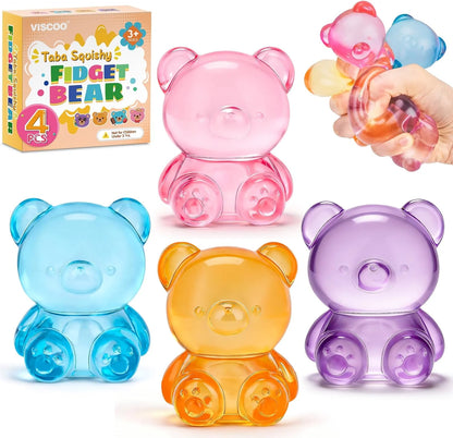 VISCOO 4 Pack Stress Bear Squishy Ball, Sugar Filled Gummy Bear Toys, Taba Squishy Toys for Kids Stress Relief, High Density Stress Balls for Calming - Soft Squeeze Balls Party Favors Birthday Gifts - US 5632