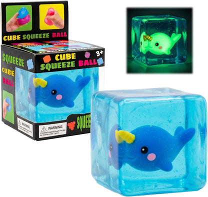 Cube Squeeze Ball Stress Fidget Toy, Glow in the Dark Gel Filled Ice Cube, Slow Rising Squishy Sensory Toy for Anxiety Relief, Kids and Adults (Narwhal) - US 7485