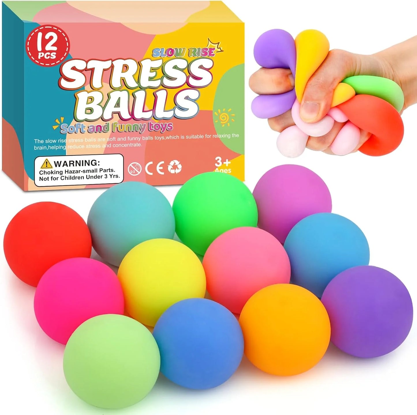 12 Pack Slow Rising Stress Ball,Stress Balls for Kids Adults,Stretchy Fidget Toys for Stress Relief,Hand Therapy Sensory Squishy Ball, Squishy Toys for Kids, Classroom Prize Box Party Favors - US 4363