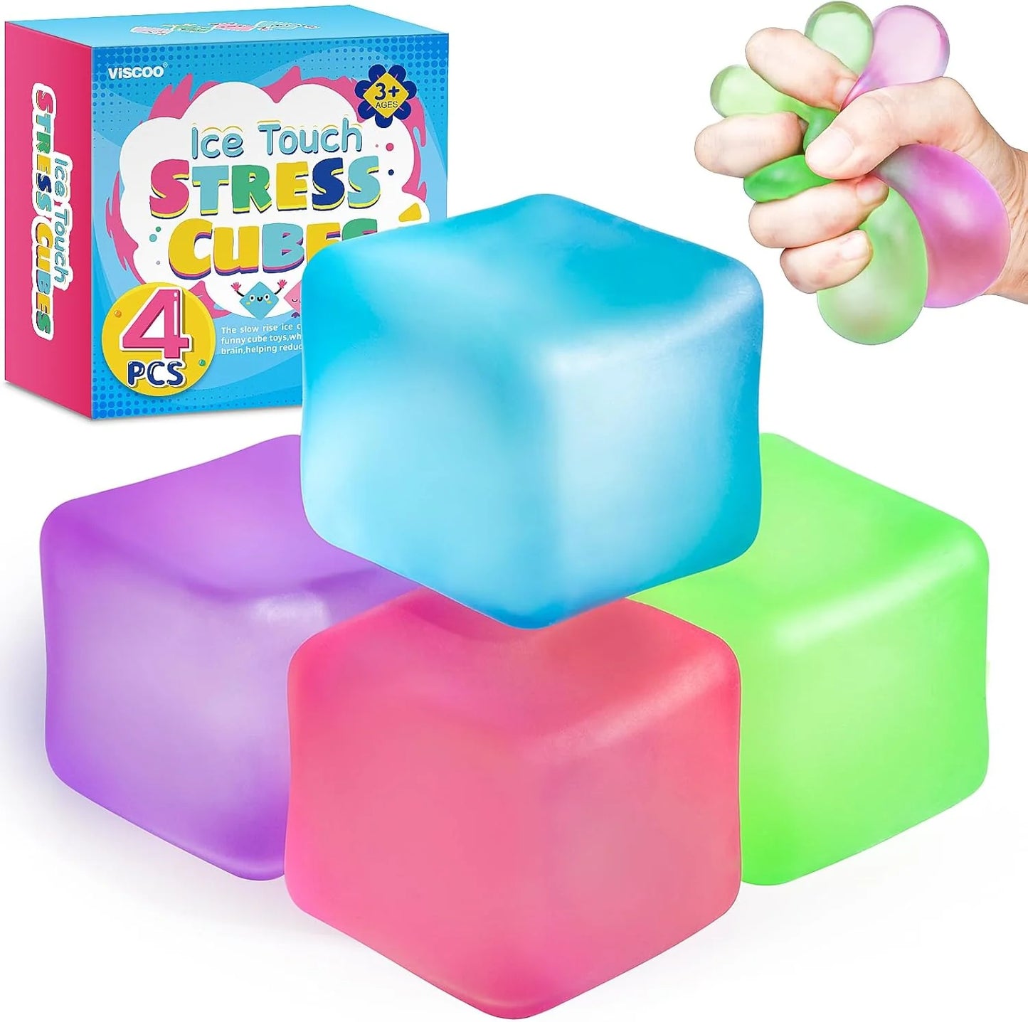 4 Pack Stress Cube, Slow Rising Ice Cube Stress Balls for Adults Kids, Sensory Fidget Toy for Anxiety Relief, Square Shape Squishy Balls for Classroom Prizes, Cube Squishy for Party Favors - US 7869