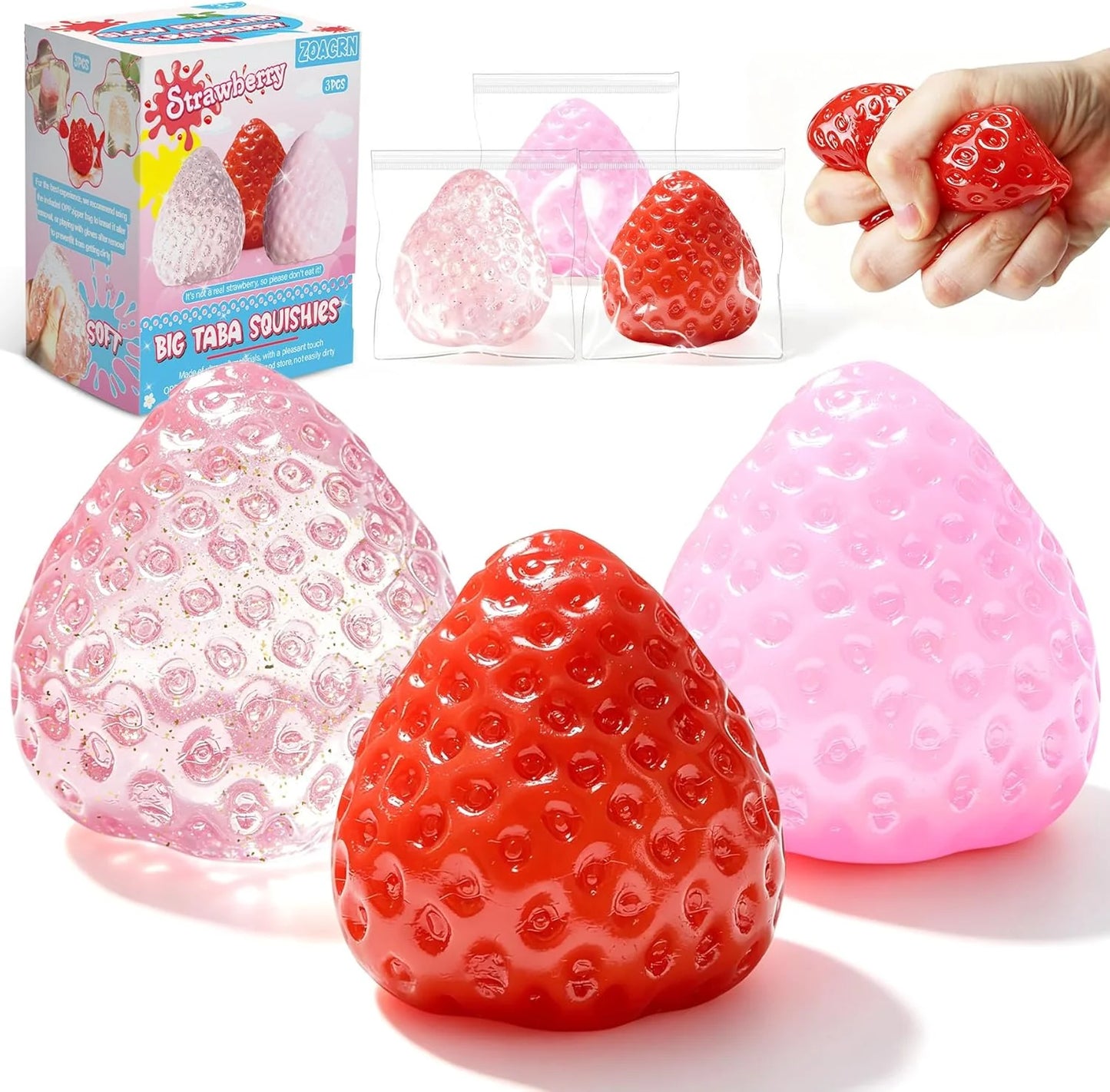 3Pcs Big Taba Squishies Strawberry, Cute Strawberry Squeeze Toys, Upgrade Fruit Squishies, Kawaii Sticky Stress Toy, Clear Fidget Toys, Valentines Gift for Kids, Teen Boys Girls Birthday Gift Ideas - US 5500