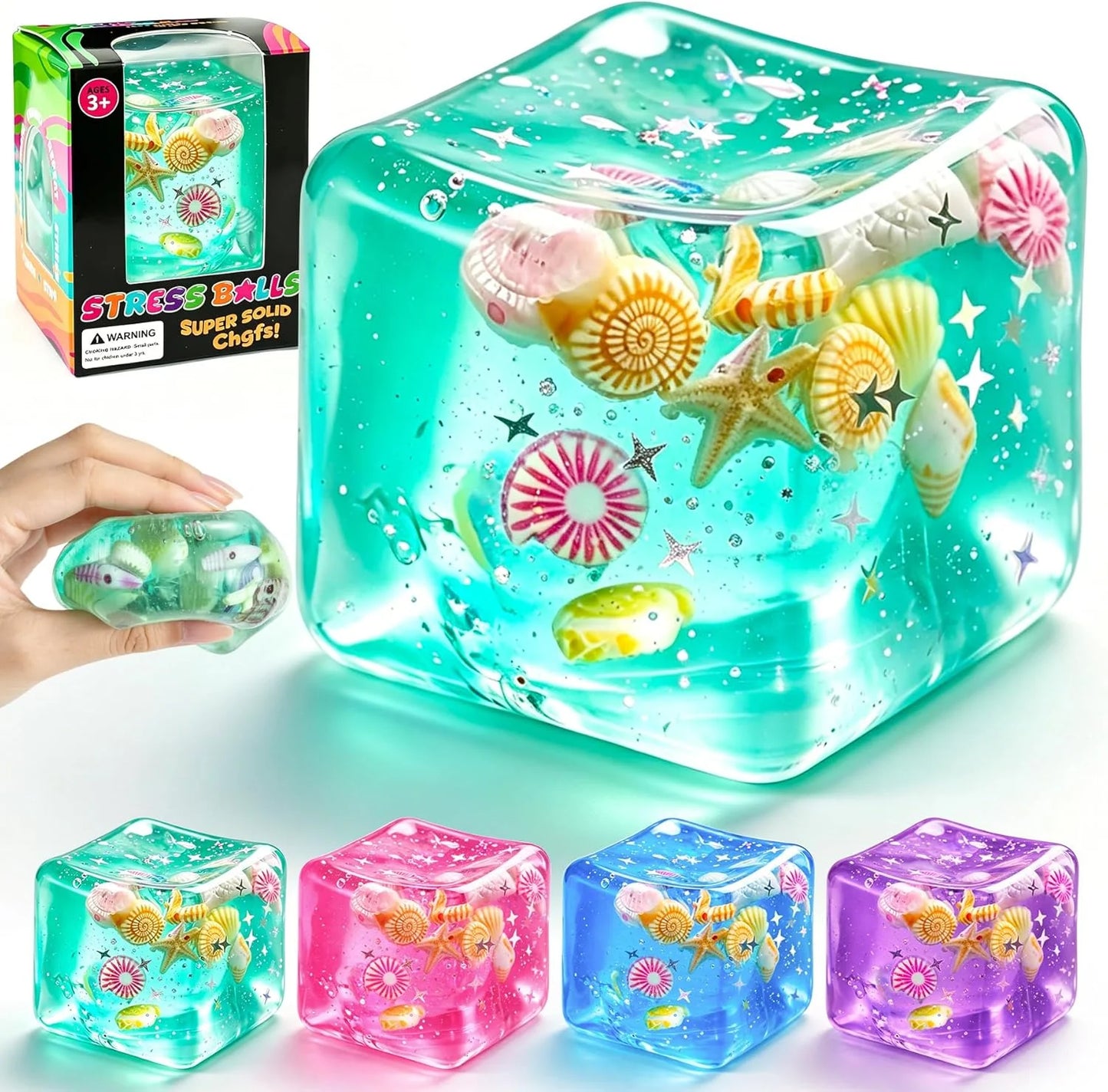 1Pc Ice Cube Squishy Stress Balls,Slow Rising Sensory Fidget Toy with Marine Shells Inside Square Soft Sensory Anxiety Relief Squeeze Cube for Adults Teens Kids(Green) - US 9571