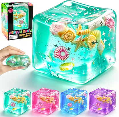 1Pc Ice Cube Squishy Stress Balls,Slow Rising Sensory Fidget Toy with Marine Shells Inside Square Soft Sensory Anxiety Relief Squeeze Cube for Adults Teens Kids(Green) - US 9571