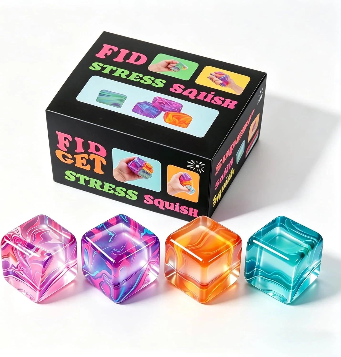 4Pack Fidget Toys Mini Squishy Stress Cube, Stress Balls for Kids, Adults Squishies Anxiety Stress Relief, Ice Squishy Cube Sugar Balls, Sensory Toys for Kids with Autism, Fidgets for Classroom Prize - US 5011