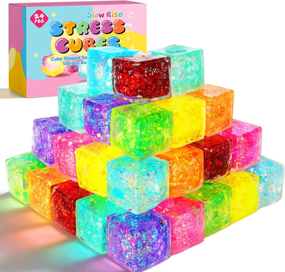 24 Pack Slow Rising Ice Cube Squishy Stress Balls，Stress Cube for Adults Kids , Bulk Taba Squish Fidget Toys, Square Squeeze Toy for Classroom Prizes, Mini Nice Cube Squishy for Party Favors - US 9084
