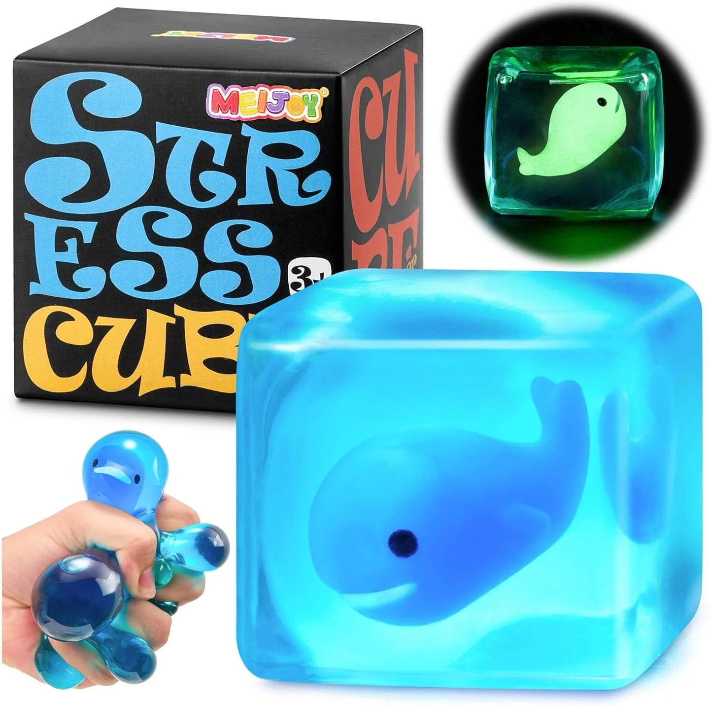 Stress Cube Squishy Fidget Toys Kids Adults - Glow in The Dark Whale Squish Toy Sensory Toys for Kids with Autism Stress Balls for Kids Squeeze Toys for Anxiety Stress Relief Easter Basket Stuffers - US 3807